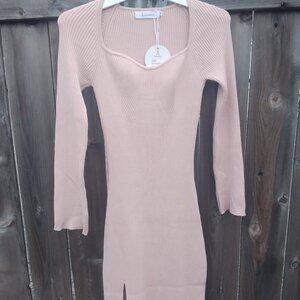 Midi dress knit women's small New with tags long sleeve neutral pink beige